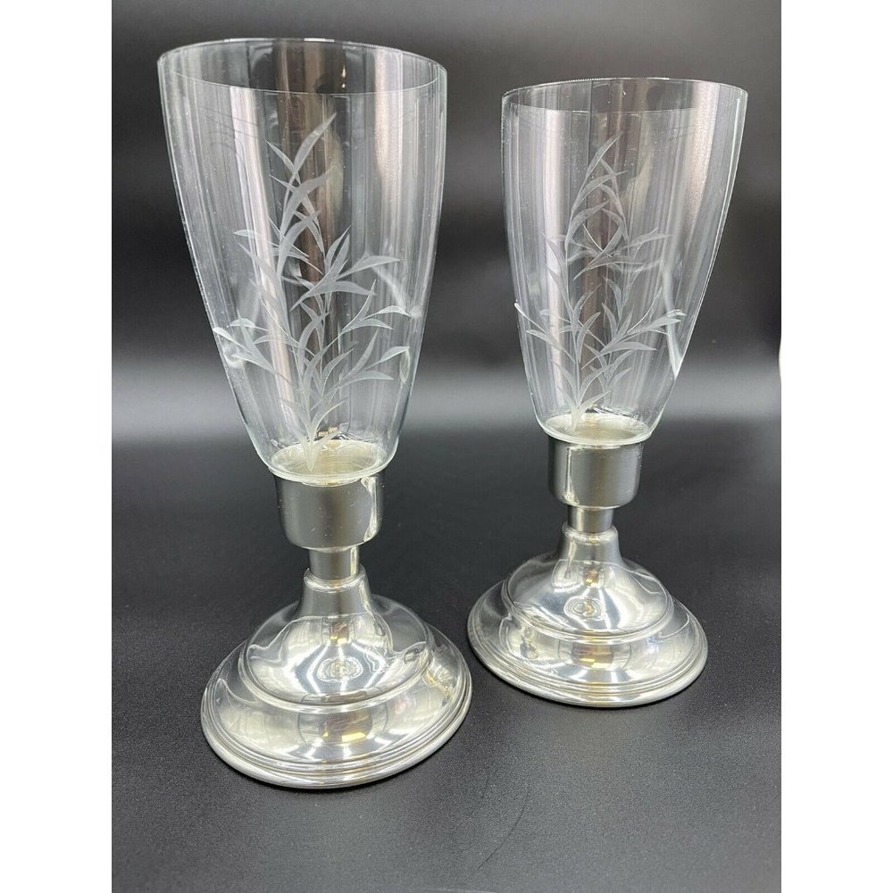 PAIR VINTAGE COLLECTIBLE 10” PEWTER HURRICANE LAMP SET PREISNER ETCHED GLASS